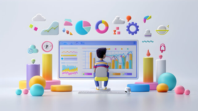 3D Trainer Icon with Screen and Infographics on Dreamy Background   Visual Learning and Training Concept for Online Meetings