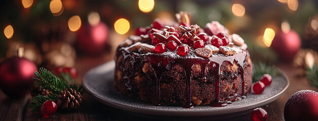 wide panoramic cover background photo of delicious christmas cake with chocolate and berries 