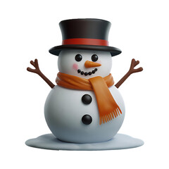 A chibi 3D Snowman with a large head, big eyes, wearing a Christmas-themed hat and scarf, with a carrot nose and coal buttons. The background is transparent.