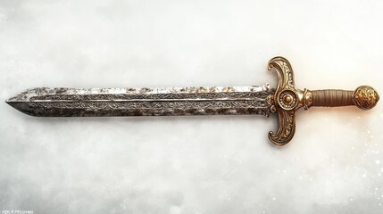 Ornate ancient sword with a weathered blade, delicate engravings on the hilt,