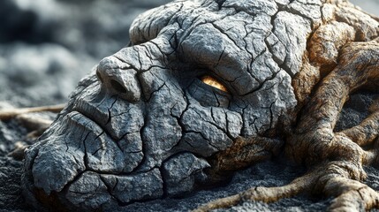Ornate earth golem with detailed stone textures, cracks and roots, bright spotlight