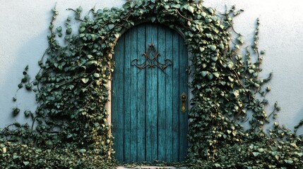 Ornate fantasy door covered in ivy, delicate designs, bright spotlight,