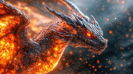 Obraz premium Ornate fire dragon with glowing embers, intricate scale patterns, bright spotlight,