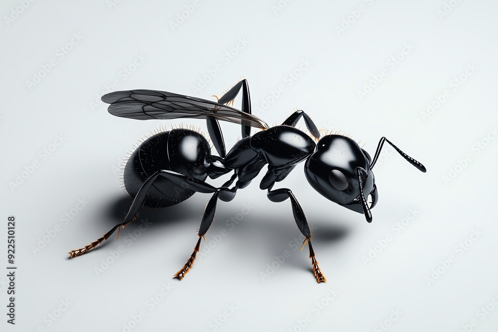 Poster Close-up of a black ant on a white background showing intricate details and textures. Perfect for nature and insect-related content.