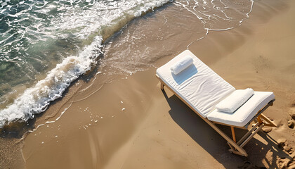 white chaise lounge on sandy coast near sea, top view