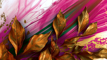 Luxurious abstract design with brush strokes. Gold leaves on pink and green abstract background. Elegant botanical art
