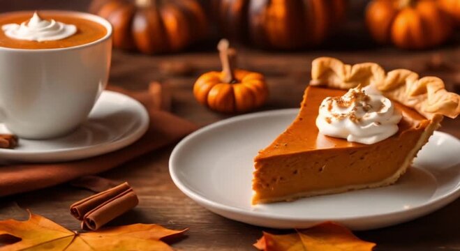 slice of pumpkin pie with whipped cream and pumpkin spice latte on a wooden table with fall leaves and cinnamon sticks