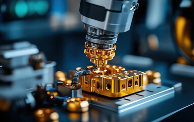 Close-up of a precision machine tool working on a golden component, showcasing advanced manufacturing technology in action.