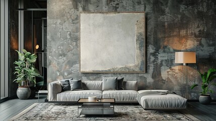 Modern Living Room with Grey Sectional Sofa and Large Empty Canvas