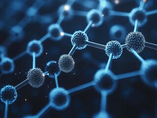 Captivating close-up of molecular structure showcasing intricate connections and glowing particles in a futuristic blue tone.