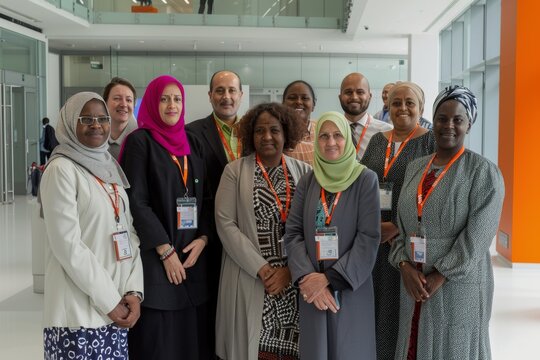 Diverse Corporate Team with Conference Badges in Modern Office Environment