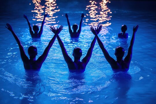 The image depicts synchronized swimmers executing an elegant routine under dark blue and purple lighting in a pool, emphasizing their precision and grace in motion.