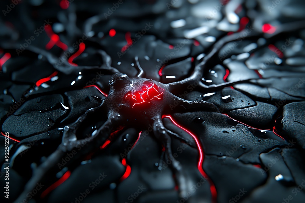 Aufkleber Close-up of a glowing neural network with red energy pulses on a dark surface, representing high-tech connections and futuristic networks.