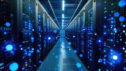 Shot of Corridor in Working Data Center Full of Rack Servers and Supercomputers with High Internet Visualisation Projection.