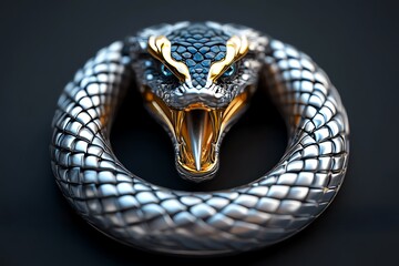 Fototapeta premium Close-up of a metallic snake sculpture with detailed scales and a fierce expression, coiled in a circle on a dark background.