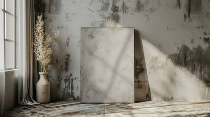 Rustic Interior with a Large Blank Canvas on a Concrete Wall