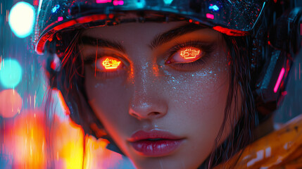 Cyberpunk Warrior: A portrait of a fierce female cyberpunk warrior with neon tattoos, a glowing cybernetic eye, and a futuristic helmet.
