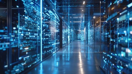 Shot of Corridor in Working Data Center Full of Rack Servers and Supercomputers with High Internet Visualisation Projection.