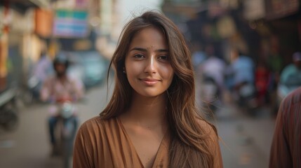 Young woman wearing kurta standing on an Indian street with people and vehicles