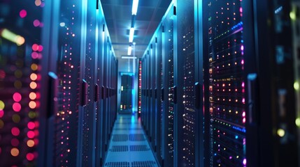 Shot of Corridor in Working Data Center Full of Rack Servers and Supercomputers with High Internet Visualisation Projection.