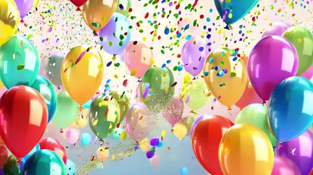 Bright balloons and colorful confetti fill the air, creating a joyful atmosphere ideal for a celebration or party.