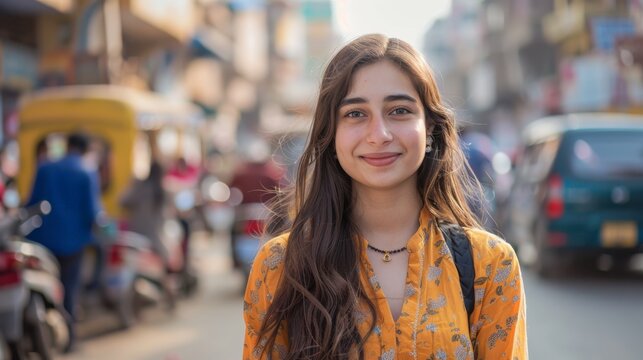 Young woman wearing kurta standing on an Indian street with people and vehicles - Powered by Adobe