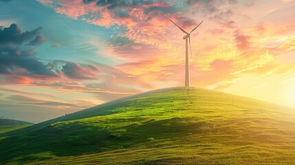 Obraz premium Wind turbine on a grassy hill under a vibrant sunrise