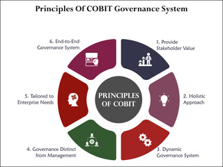 Six principles of COBIT governance system. Infographic template with icons and description placeholder