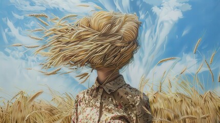 A woman in a floral shirt stands in a wheat field, her hair blended with golden stalks against a clear blue sky