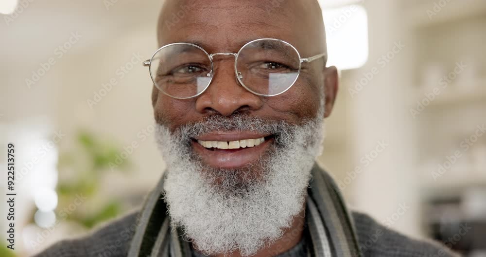 Wall mural Senior, black man and face with smile in home, retirement and reading with happiness in living room. Elderly person, relax and portrait laughing in house with health, wellness and freedom on holiday