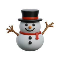 A chibi 3D Snowman with a large head, big eyes, wearing a Christmas-themed hat and scarf, with a carrot nose and coal buttons. The background is transparent.