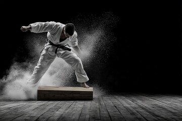 In a display of power and precision, a karate practitioner executes a powerful move breaking a wooden board, showcasing intense focus and martial arts expertise in a cloud of dust.
