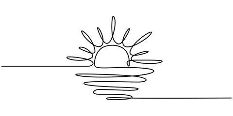 Sunset one line sketch. Continuous doodle art drawing, simple linear sunrise over sea illustration. Editable stroke, Red sunset and a ship panoramic view, One line sun sketch. Continuous doodle art