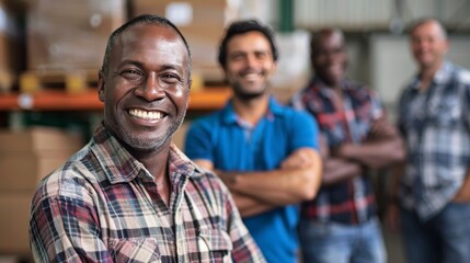 Fototapeta premium Happy mixed race group of men working together in a warehouse