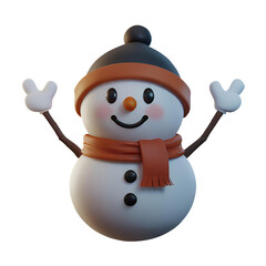 A chibi 3D Snowman with a large head, big eyes, wearing a Christmas-themed hat and scarf, with a carrot nose and coal buttons. The background is transparent.