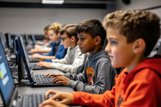 Several children are deeply engaged in learning computer coding at individual desktops in a modern classroom, highlighting the importance of tech education and focus in young minds.