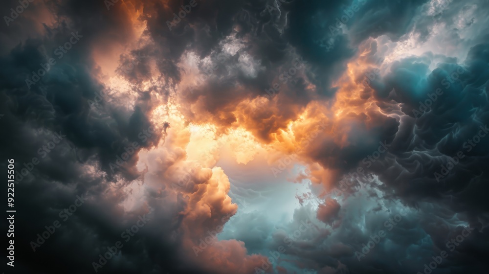 Poster dark stormy clouds rolling in a dramatic sky with hints of sunlight breaking through.