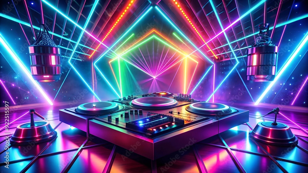 Wall mural a psychedelic journey through sound: abstract dj setup with glowing neon lights generative ai
