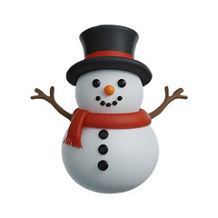 A chibi 3D Snowman with a large head, big eyes, wearing a Christmas-themed hat and scarf, with a carrot nose and coal buttons. The background is transparent.