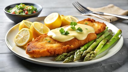 A Symphony of Flavors: Wiener Schnitzel with Asparagus, Hollandaise Sauce, and Potatoes  AI Generated