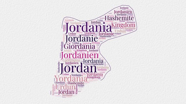 Jordan logo animation featuring a word cloud of country names in multiple languages on a paper-style background. Ideal for country presentations or intros.