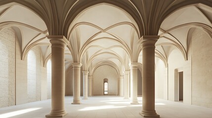Fototapeta premium A vaulted corridor with stone columns and arched ceiling