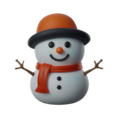 A chibi 3D Snowman with a large head, big eyes, wearing a Christmas-themed hat and scarf, with a carrot nose and coal buttons. The background is transparent.