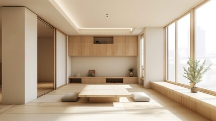 Fototapeta premium Modern, minimalist living room with a focus on natural light and wooden furniture