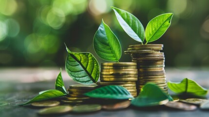 A stack of coins with green leaves on top representing carbon credits