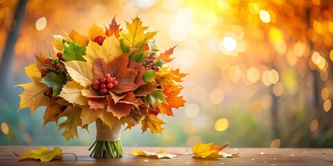 Autumn bouquet of maple leaves of different colors, yellow, red, green, brown, on a wooden table, in the garden, on the background of nature.