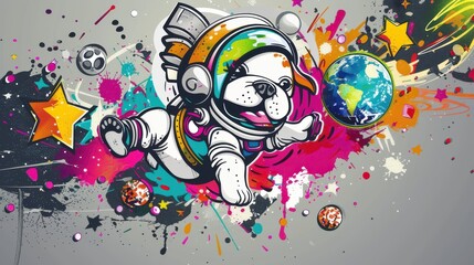 Stylized depiction of a bulldog in a space suit, surrounded by a vibrant, colorful splash of paint-like elements that suggest a dynamic, energetic scene