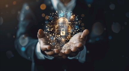 Close-up of a businessman's hands showcasing a glowing padlock symbol, conceptualizing secure business practices and data protection..