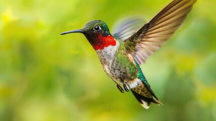 Fototapeta premium A ruby-throated hummingbird in mid-flight with its wings spread wide, a blur of green and brown against a soft green background.