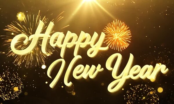 Happy New Year in elegant gold script with sparkling fireworks background